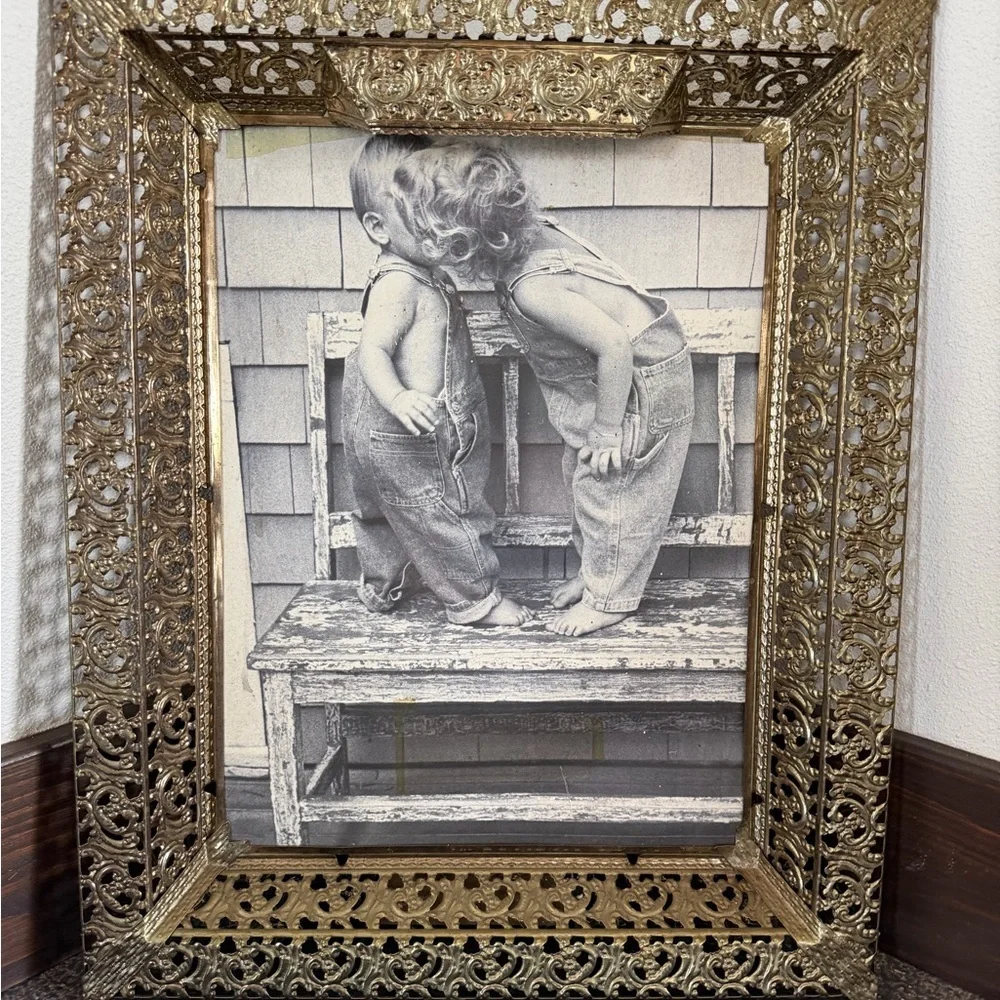Antique Lighted Brass Frame Boy Girl Kissing Overhead Light Hanging Stand Frame